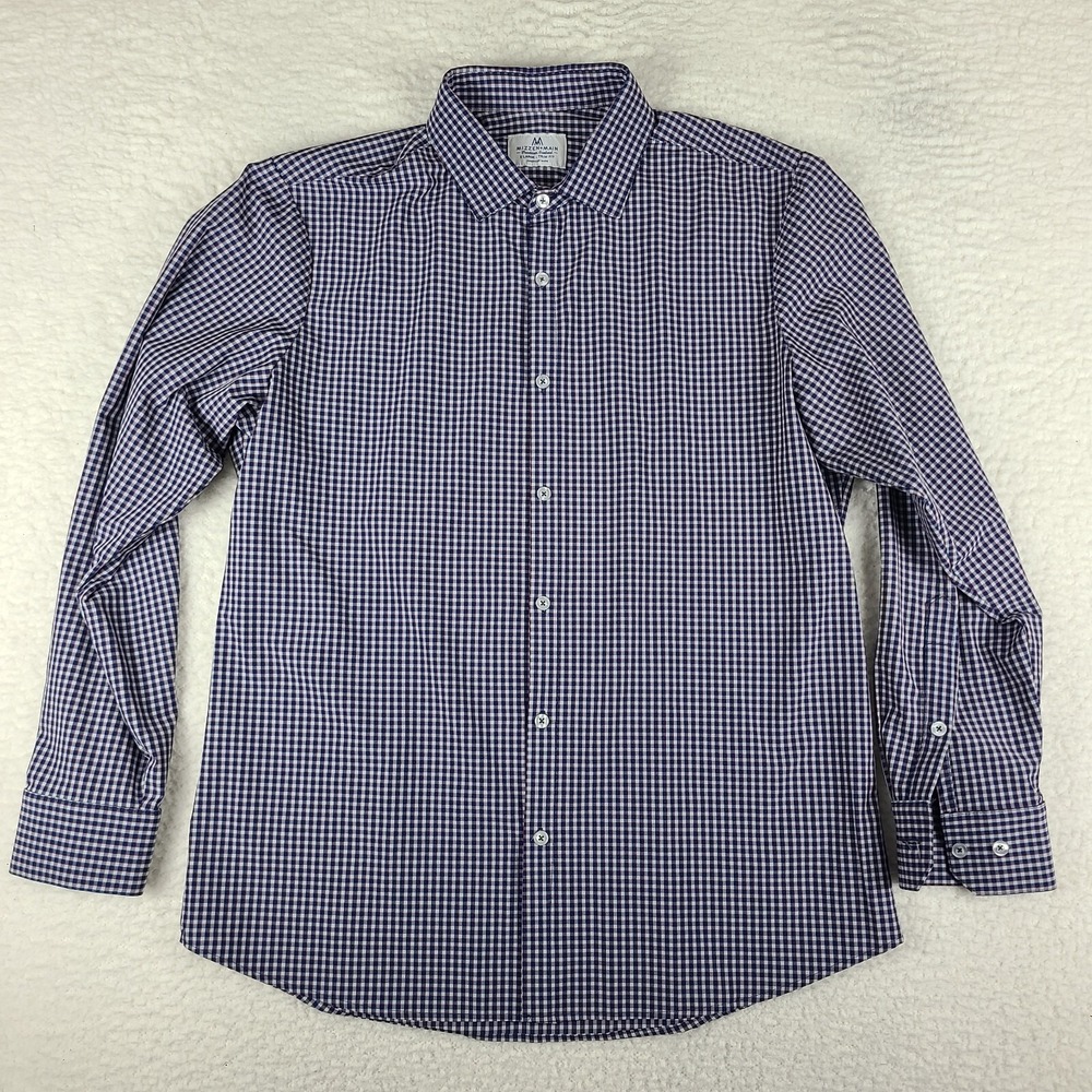 Mizzen Main Dress Shirt Mens XL Blue Red Mini Check Trim Fit No‎ Iron Button Up